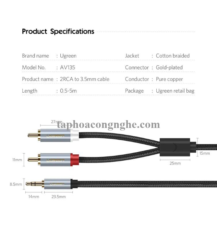 Ugreen 40840 0.5M màu Đen Cáp âm thanh 2 đầu Bông sen sang 3.5mm Dương đầu bọc nhôm mạ vàng AV135 30040840